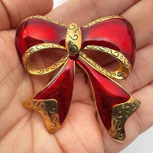 Vintage Red Enamel Holiday Bow Brooch Gold Tone Ribbon Pin 2 inches